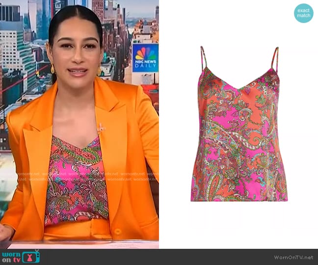 L'Agence Jane Paisley Silk Tank in Rhodamine Pop worn by Morgan Radford on NBC News Daily