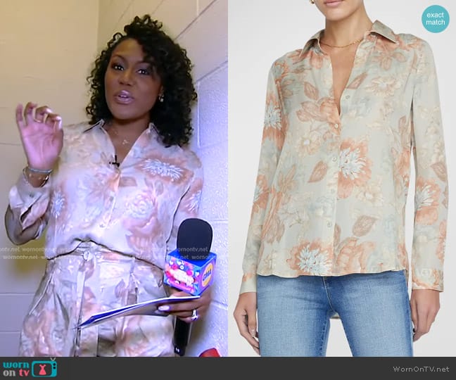 L'Agence Nina Soft Pastel Vintage Floral Silk Blouse worn by Janai Norman on Good Morning America