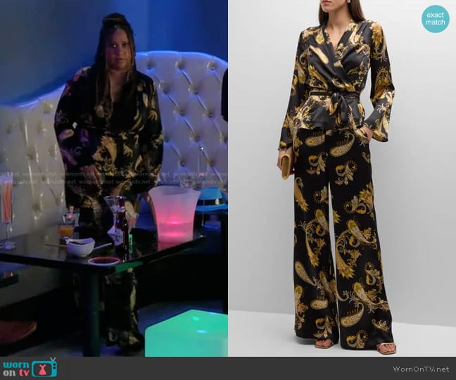 L'Agence Olive Paisley-Printed Silk Wrap Blouse and Pilar Pants worn by Karen Wilson (Tracie Thoms) on 9-1-1