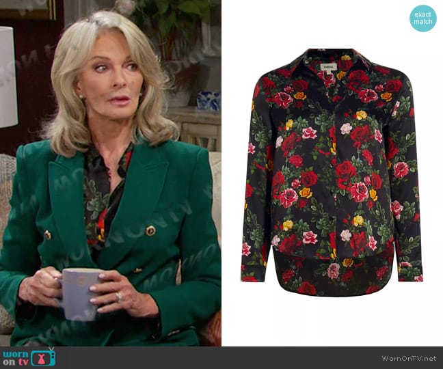 L'Agence Tyler Floral Silk Shirt in Black Multi Vintage Rose worn by Marlena Evans (Deidre Hall) on Days of our Lives