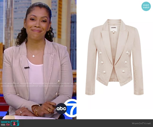 L'Agence Wayne Denim Double-Breasted Jacket in Sand Dune worn by Shirleen Allicot on Good Morning America