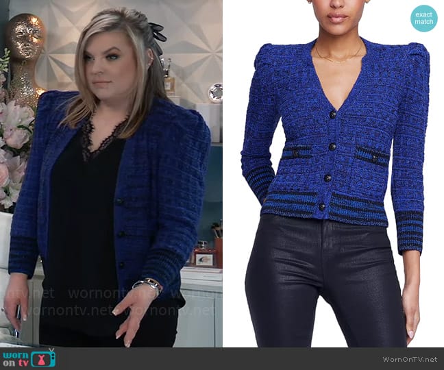 WornOnTV: Maxie’s blue cardigan and black lace-trim top on General ...
