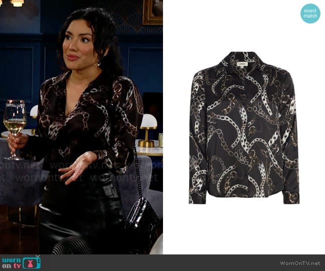 L'Agence Tyler Shirt in Black Multi Grunge Chain worn by Audra Charles (Zuleyka Silver) on The Young and the Restless