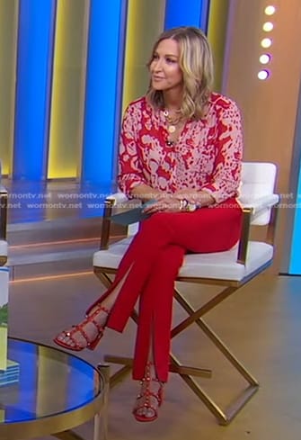 Lara's red print blouse and slit pants on Good Morning America