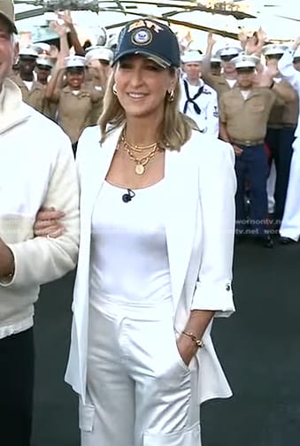 Lara's white roll-up sleeve jacket and satin cargo pants on Good Morning America