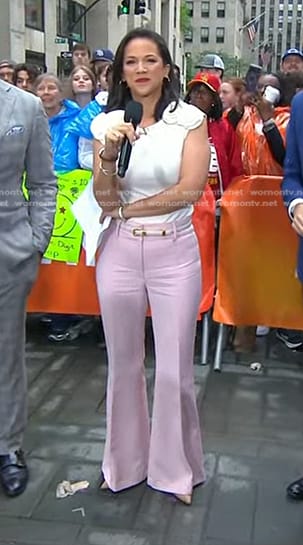 Laura's white rosette top and pink flare pants on Today