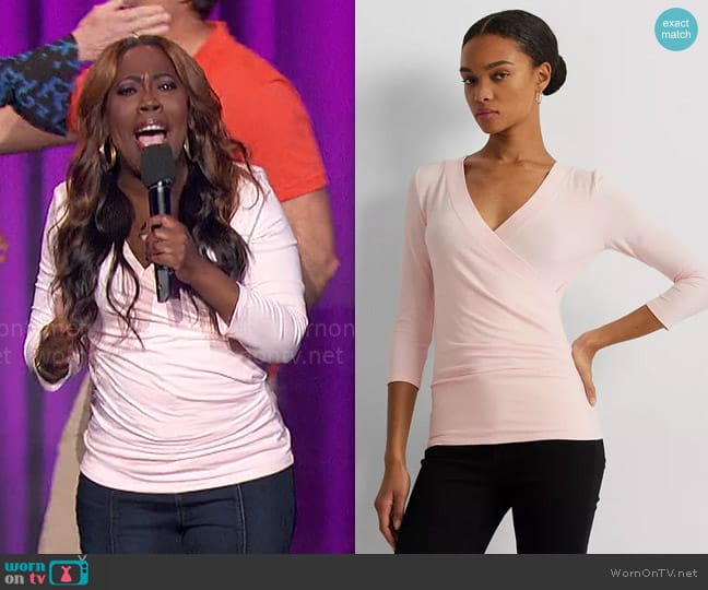 LAUREN Ralph Lauren Ruched Surplice Jersey Top in Pink Opal worn by Sheryl Underwood on The Talk