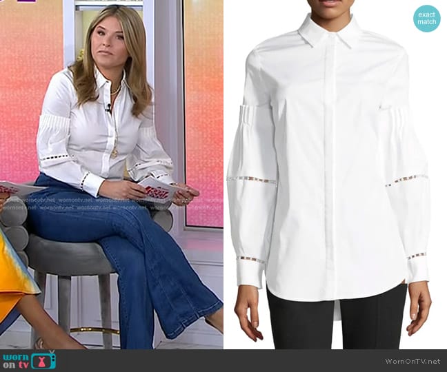 Lela Rose Button-front Stretch-poplin Shirt With Detailed Sleeves in White worn by Jenna Bush Hager on Today