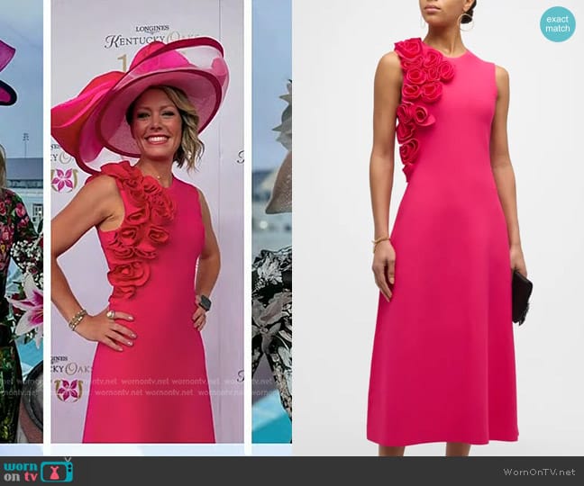 Lela Rose Colorblock Flower-Applique Sleeveless Rib Midi Dress in Magenta worn by Dylan Dreyer on Today