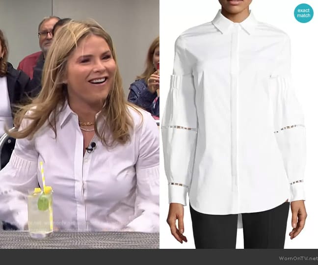 Lela Rose Button-front Stretch-poplin Shirt With Detailed Sleeves in White worn by Jenna Bush on Access Hollywood