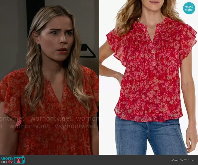 Liverpool Los Angeles Pintuck Ruffle Sleeve Top in Berry Blossom worn by Sasha Gilmore (Sofia Mattsson) on General Hospital