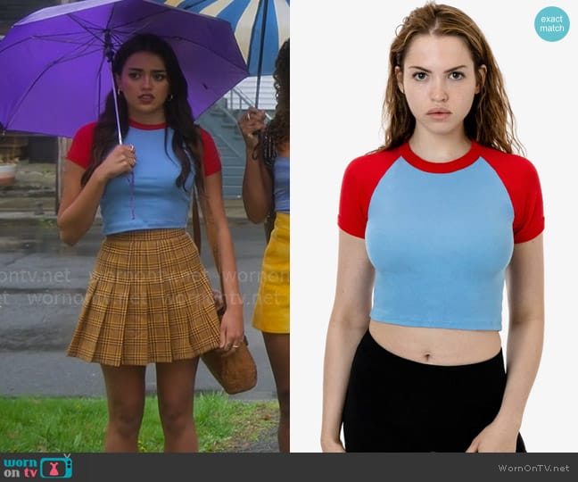 Los Angeles Apparel Baby Rib Short Sleeve Cropped Raglan in Baby Blue / Red worn by Noa Olivar (Maia Reficco) on Pretty Little Liars Original Sin