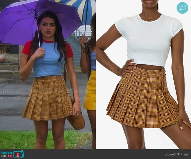 Los Angeles Apparel Plaid Tennis Skirt in Daphne worn by Noa Olivar (Maia Reficco) on Pretty Little Liars Original Sin