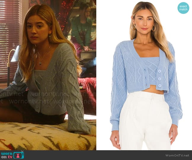 Lovers + Friends Opal Tube Top and Cardigan in Baby Blue worn by Kelly Beasley (Mallory Bechtel) on Pretty Little Liars Original Sin