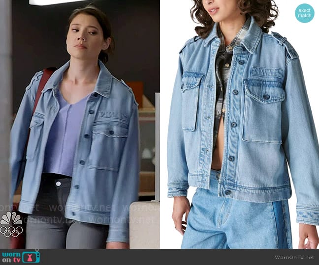 Lucky Brand Liquid Denim Utility Jacket worn by Violet Mikami (Hanako Greensmith) on Chicago Fire