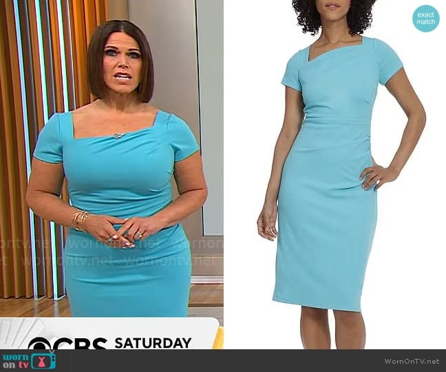 Maggy London Stretch Asymmetrical Neck Short Sleeve Midi Sheath Dress in Aqua worn by Dana Jacobson on CBS Mornings