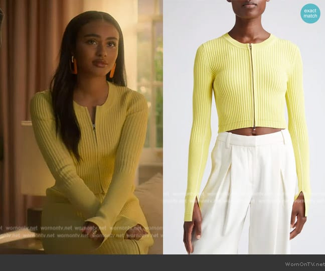 Maria McManus Zip Front Rib Crop Cardigan worn by Kiela (Daniella Perkins) on Grown-ish