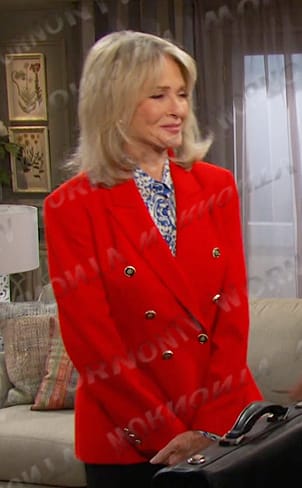 Marlena’s print shirt and red double breasted blazer on Days of our Lives