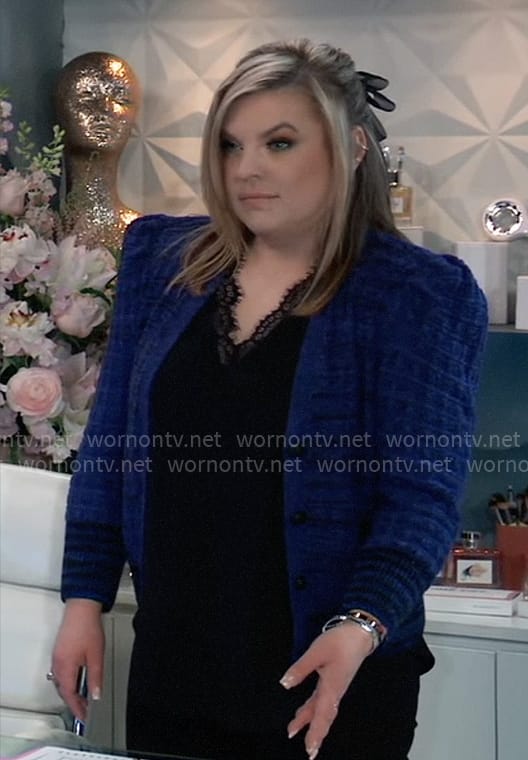 WornOnTV: Maxie’s blue cardigan and black lace-trim top on General ...