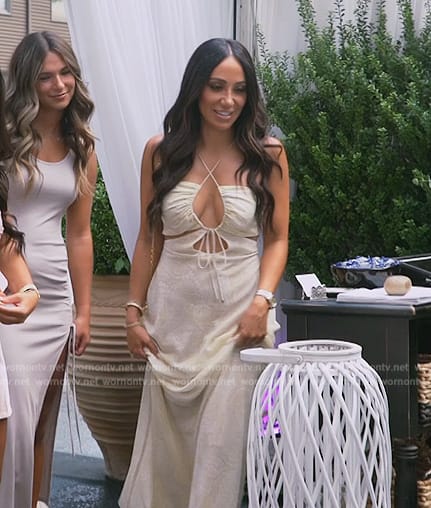 Melissa's beige cutout maxi dress on The Real Housewives of New Jersey