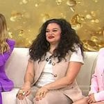 Michelle Buteau's beige button up vest top and pants suit on Today