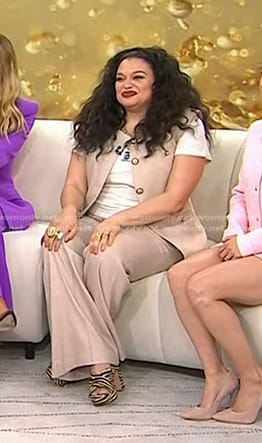 Michelle Buteau’s beige button up vest top and pants suit on Today