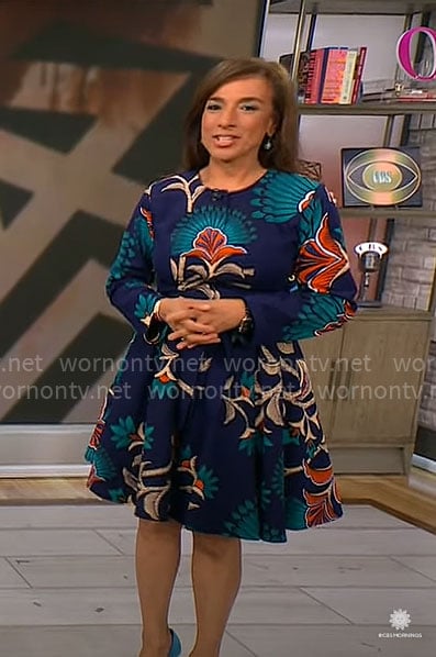 Michelle Miller's blue floral flared dress on CBS Mornings