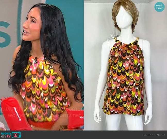 Milly Retro Colorful 100% Silk Halter Top worn by Elizabeth Werner on CBS Mornings