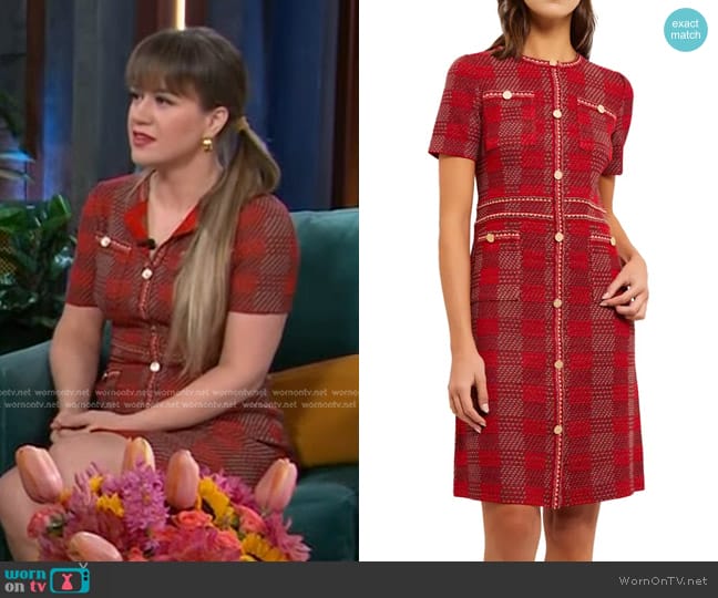 Misook Bold Plaid Knit Sheath Dress worn by Kelly Clarkson on The Kelly Clarkson Show