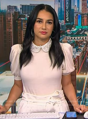 Morgan’s white embellished collar top and pants on NBC News Daily