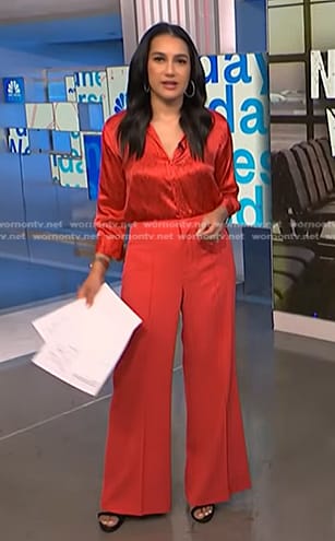 Morgan’s red chain print shirt and wide-leg pants on NBC News Daily