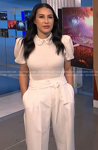 Morgan’s white embellished collar top and pants on NBC News Daily