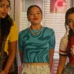 Mouse’s blue wavey print top and abstract jeans on Pretty Little Liars Original Sin