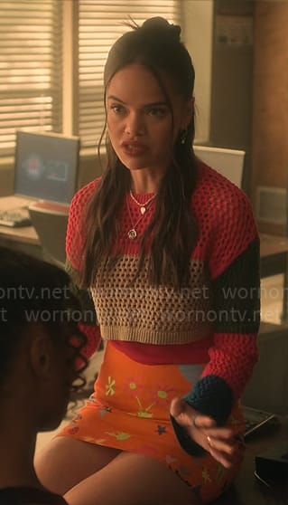 Mouse's colorblock sweater and orange printed mini skirt on Pretty Little Liars Original Sin