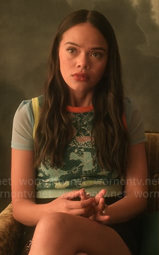 Mouse's green printed sweater vest on Pretty Little Liars Original Sin