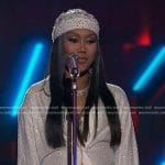 Muni Long’s white rhinestone embellished shirt on The Voice