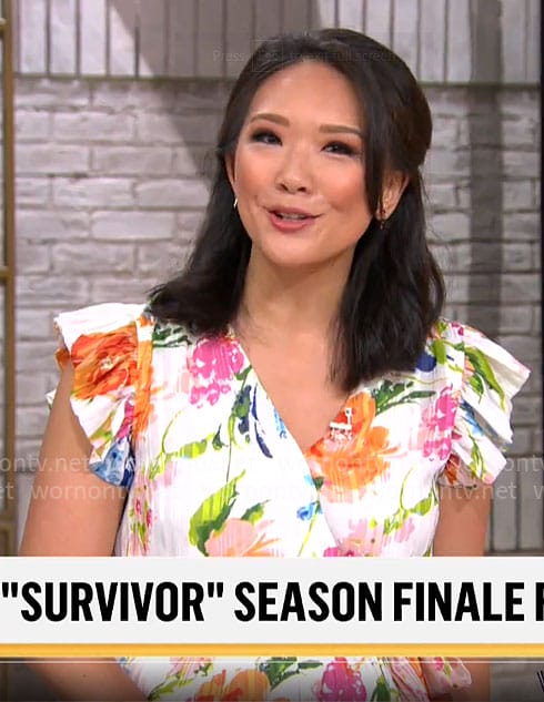 Nancy Chen's white floral wrap dress on CBS Mornings