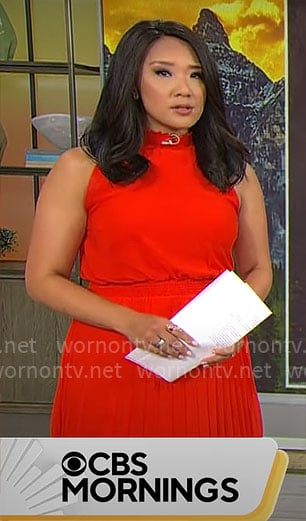 Nancy Chen’s red pleated sleeveless dress on CBS Mornings