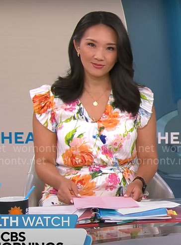 Nancy Chen's white floral wrap dress on CBS Mornings