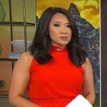 Nancy Chen’s red pleated sleeveless dress on CBS Mornings