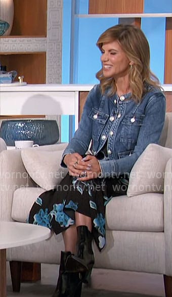 Natalie's black and blue floral dress and denim jacket on The Talk