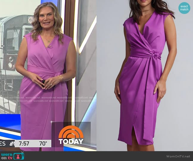 New York & Company V-Neck Wrap-Front Sheath Dress in Purple Fame worn by Emily West on Today