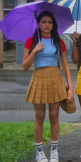 Noa’s blue and red top with yellow plaid skirt on Pretty Little Liars Original Sin