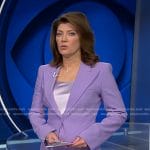 Norah's lilac peak lapel blazer and pants on CBS Evening News