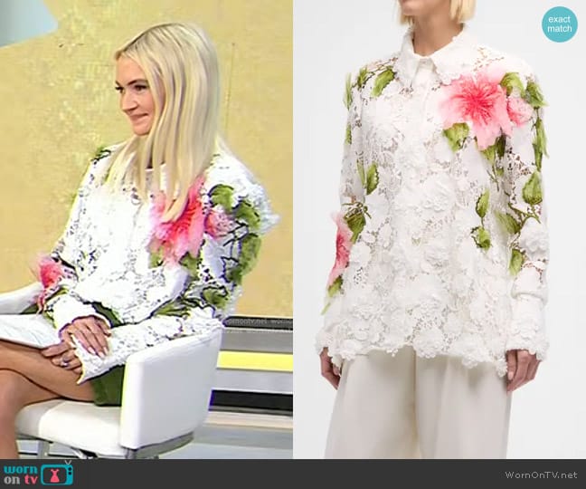 Oscar de la Renta Hibiscus Embroidered Long-Sleeve Floral Guipure Collared Top worn by Zanna Roberts Rassi on Today