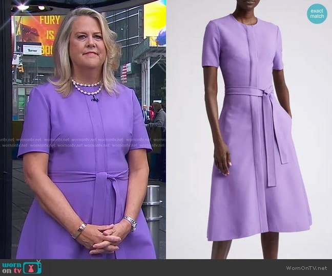 Oscar de la Renta Short Sleeve Virgin Wool Blend A-Line Dress in Iris worn by Nina Leigh Krueger on Good Morning America