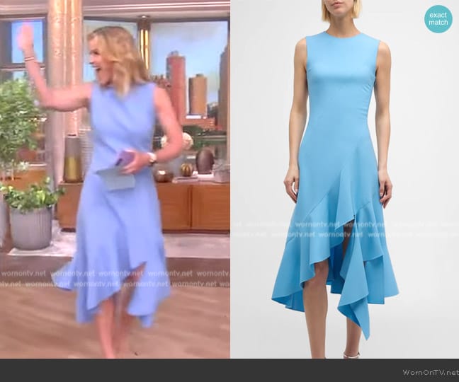 Oscar de la Renta Sleeveless Jewel-Neck Asymmetric-Hem Midi Dress worn by Sara Haines on The View