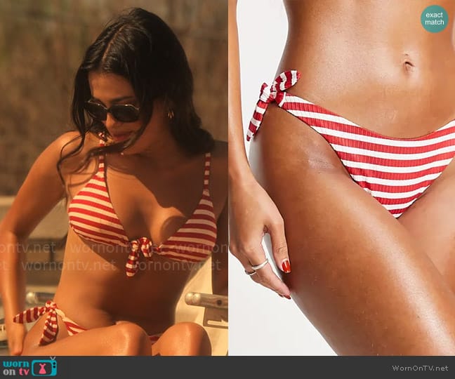 & Other Stories Tie waist bikini bottoms in red stripe print worn by Noa Olivar (Maia Reficco) on Pretty Little Liars Original Sin