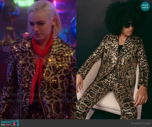 Phix Leopard Sequin Biker Jacket worn by Jennifer Fox (Ava Capri) on Pretty Little Liars Original Sin