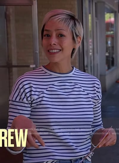 Pilar Valdes’s blue stripe top on The Drew Barrymore Show